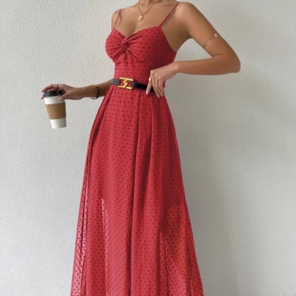 Swiss Dot Cami Maxi Dress RED - Picture 6 of 9